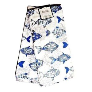 Coastal Fish Kitchen Towels Silver Sparkle Blue White Nautical Sea 2pc Gift